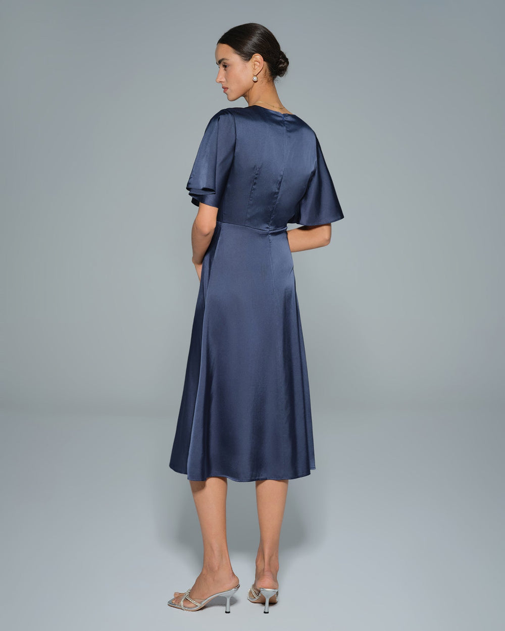 Navy V Neck Satin Midi Dress | Rihoas