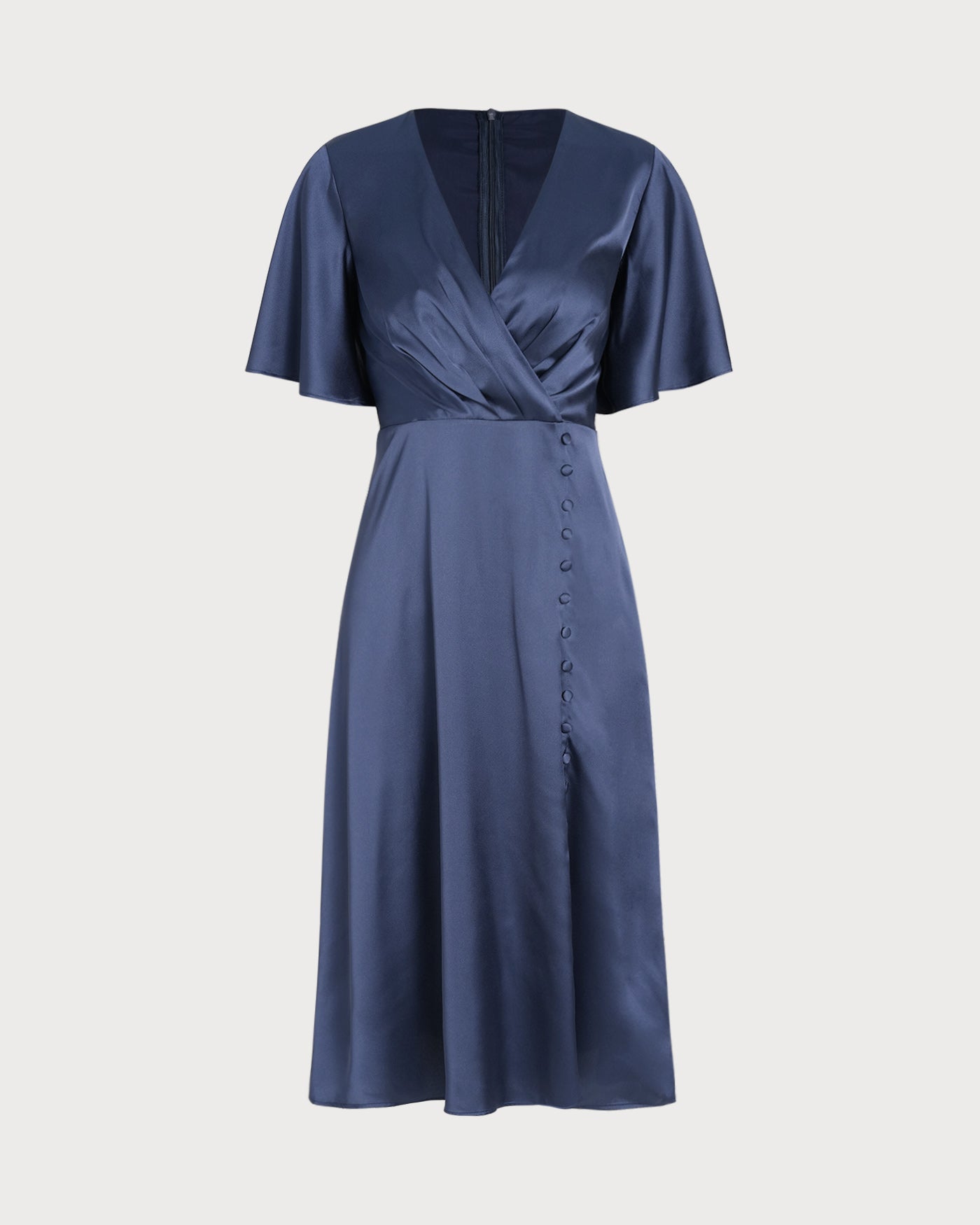Navy V Neck Satin Midi Dress | Rihoas