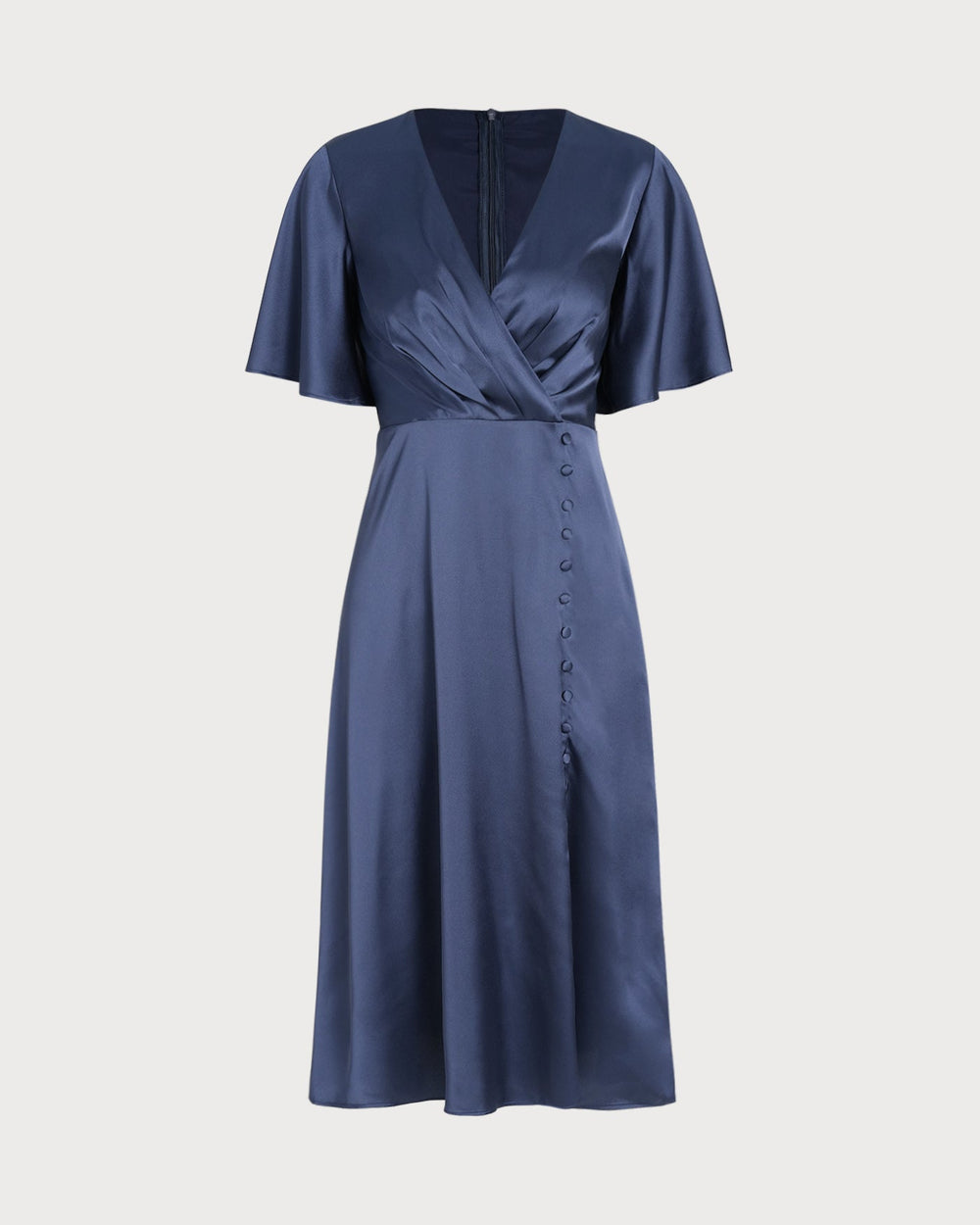 Navy V Neck Satin Midi Dress | Rihoas