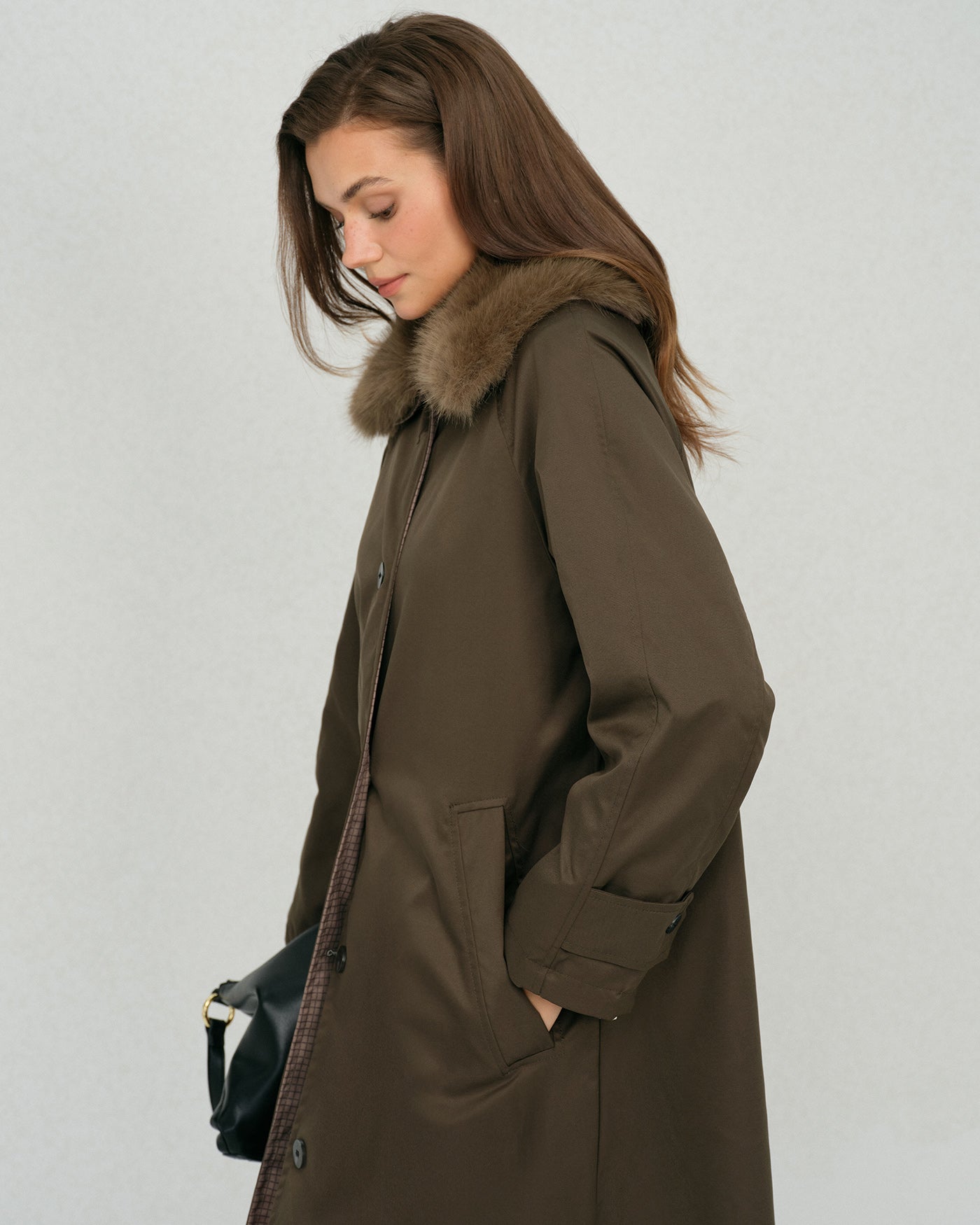 Brown Fur Collar Reverible Long Coat | Rihoas