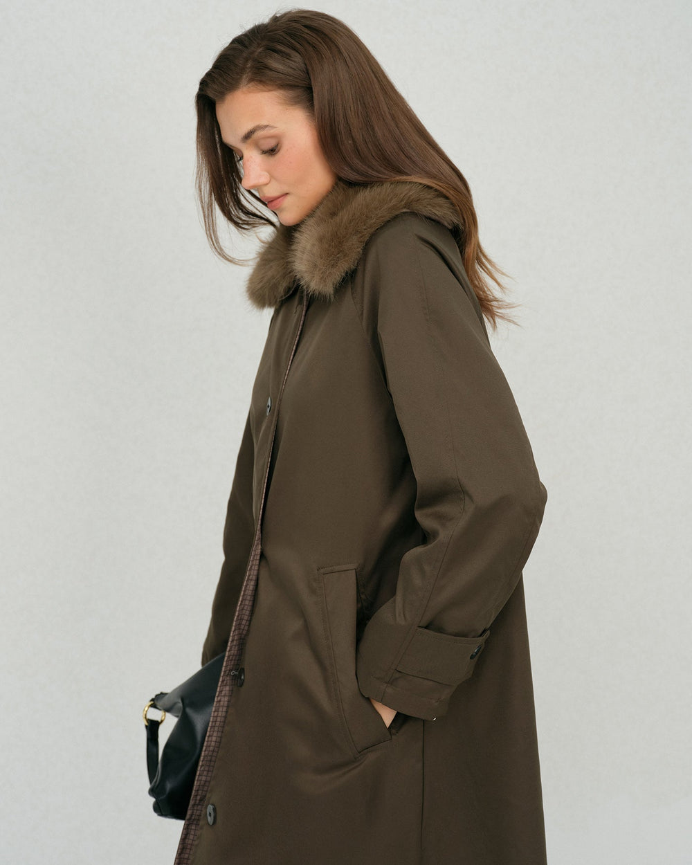 Brown Fur Collar Reverible Long Coat | Rihoas