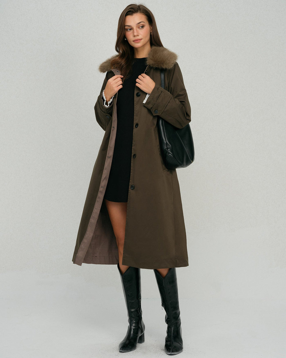Brown Fur Collar Reverible Long Coat | Rihoas