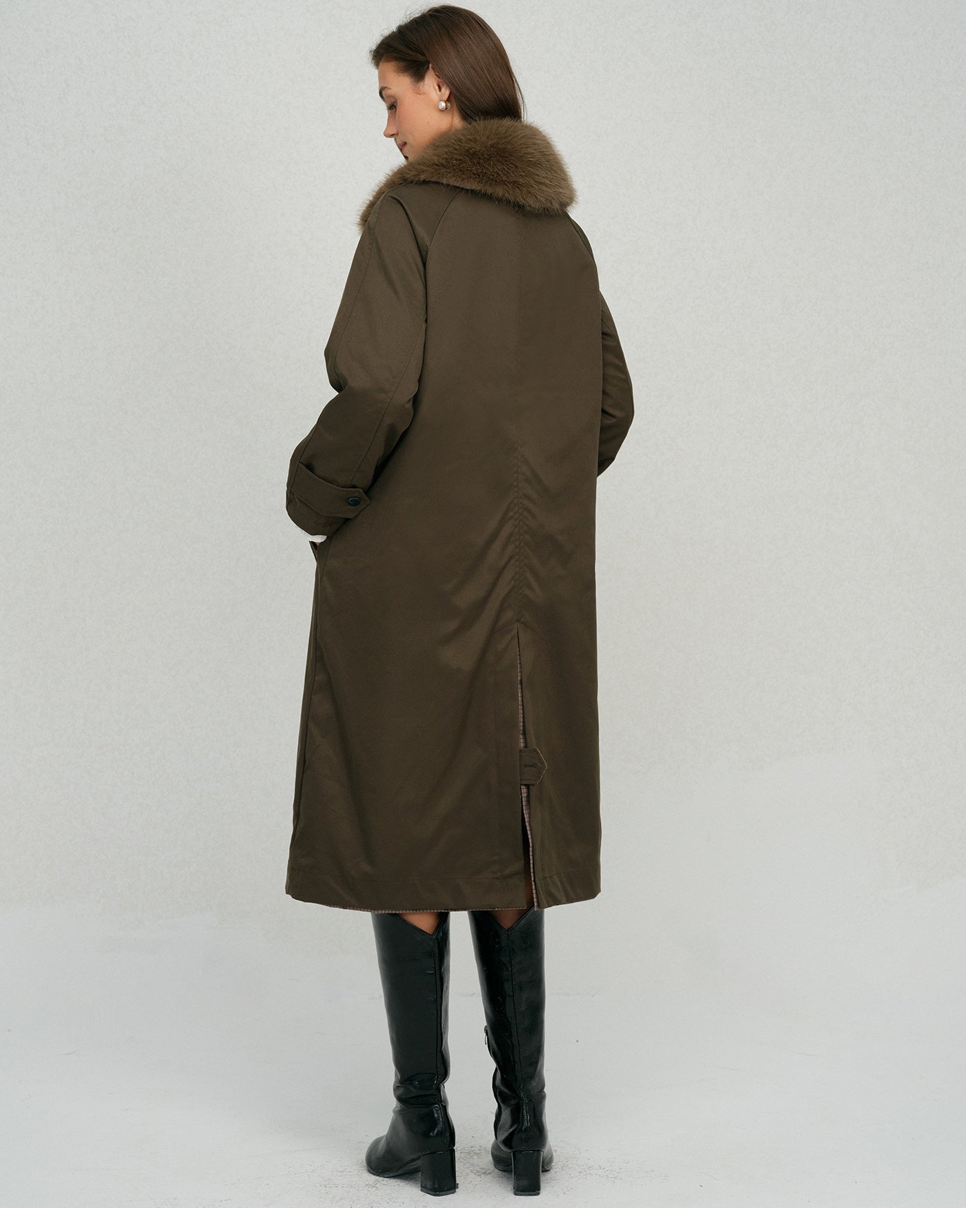 Brown Fur Collar Reverible Long Coat | Rihoas