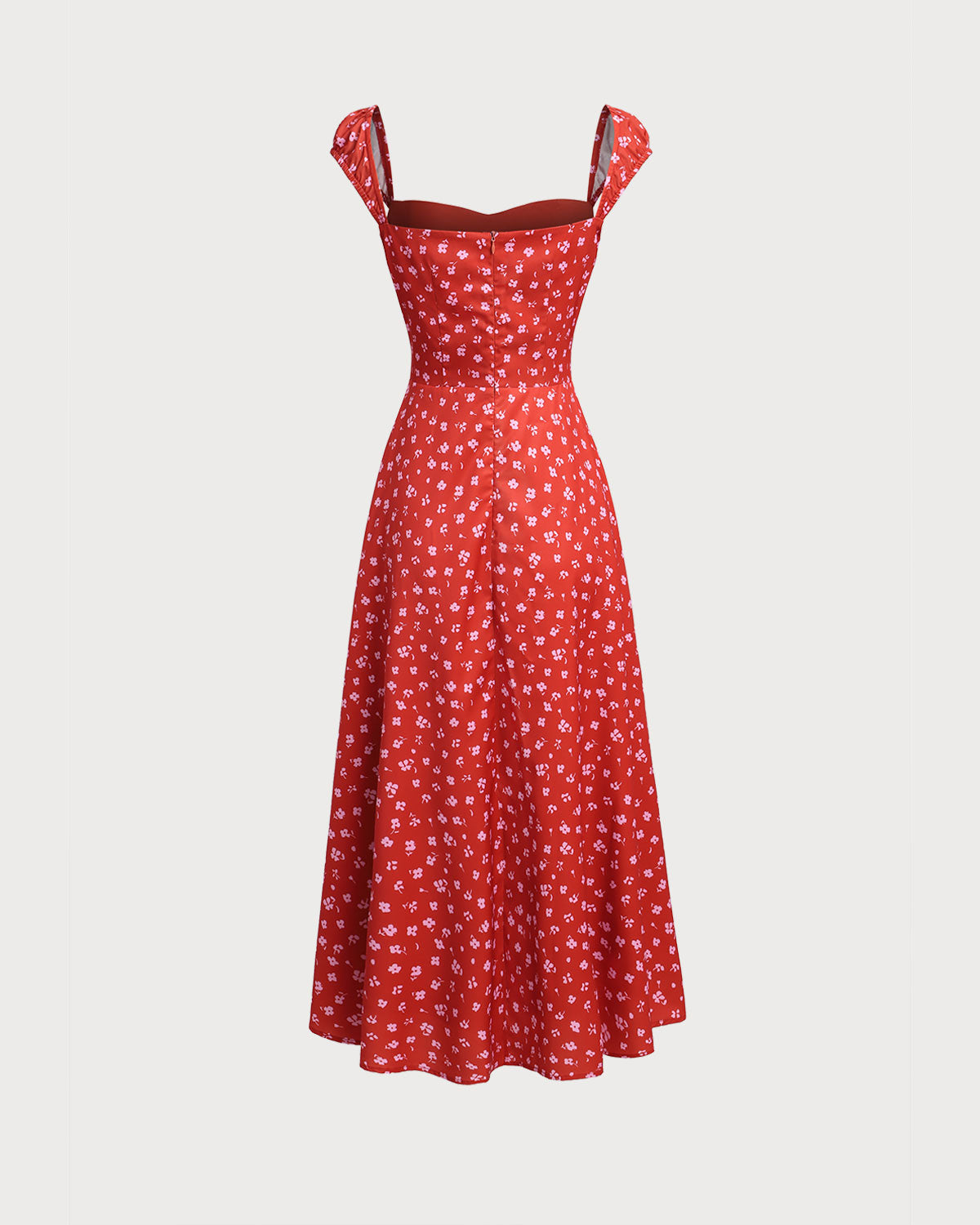 Red Floral Sweetheart Neck Cap Sleeve Midi Dress | Rihoas