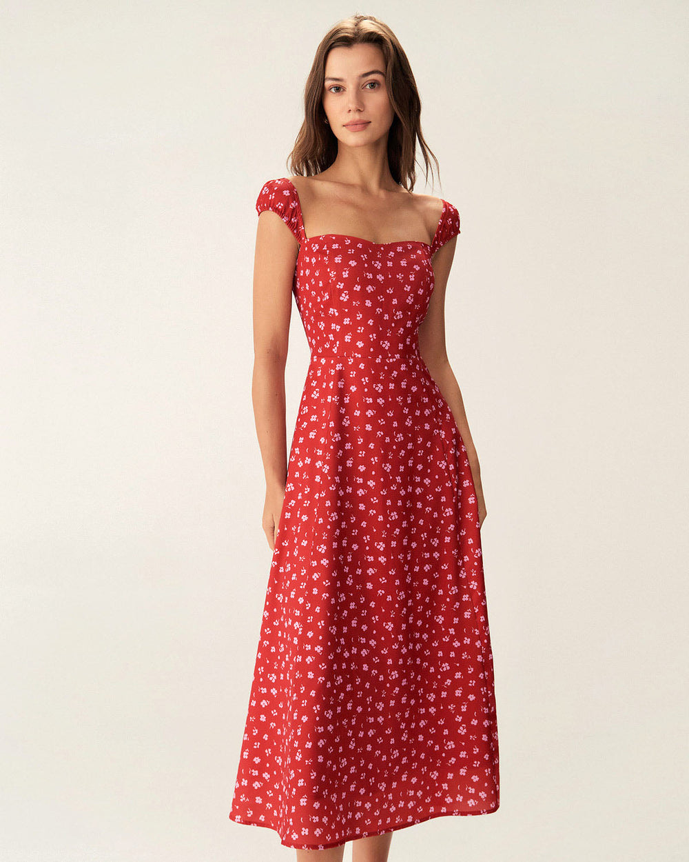 Red Floral Sweetheart Neck Cap Sleeve Midi Dress | Rihoas