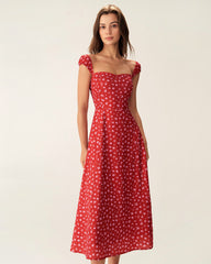 Red Floral Sweetheart Neck Cap Sleeve Midi Dress | Rihoas