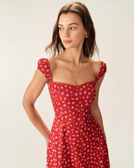 Red Floral Sweetheart Neck Cap Sleeve Midi Dress | Rihoas