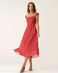 Red Floral Sweetheart Neck Cap Sleeve Midi Dress | Rihoas