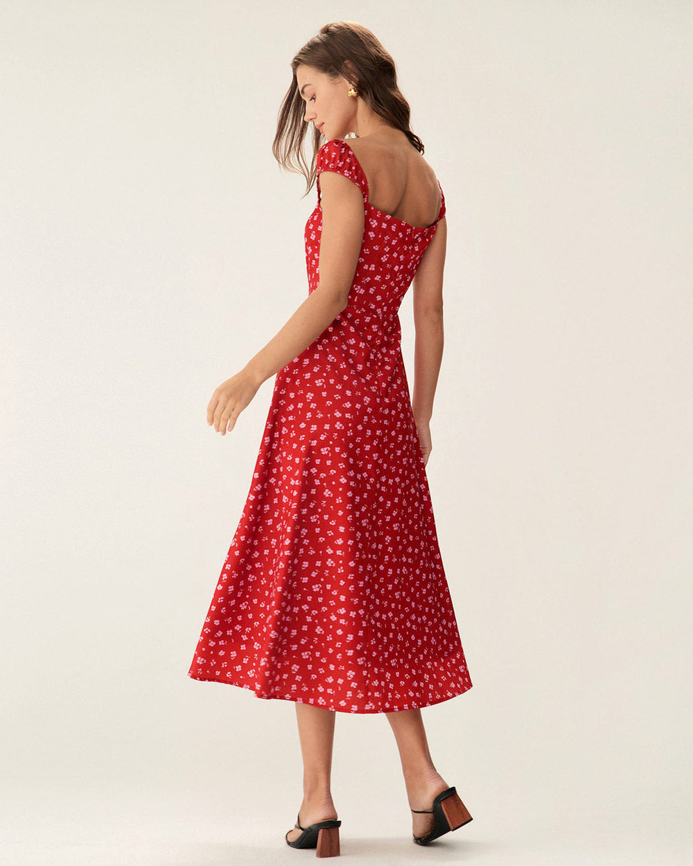 Red Floral Sweetheart Neck Cap Sleeve Midi Dress | Rihoas