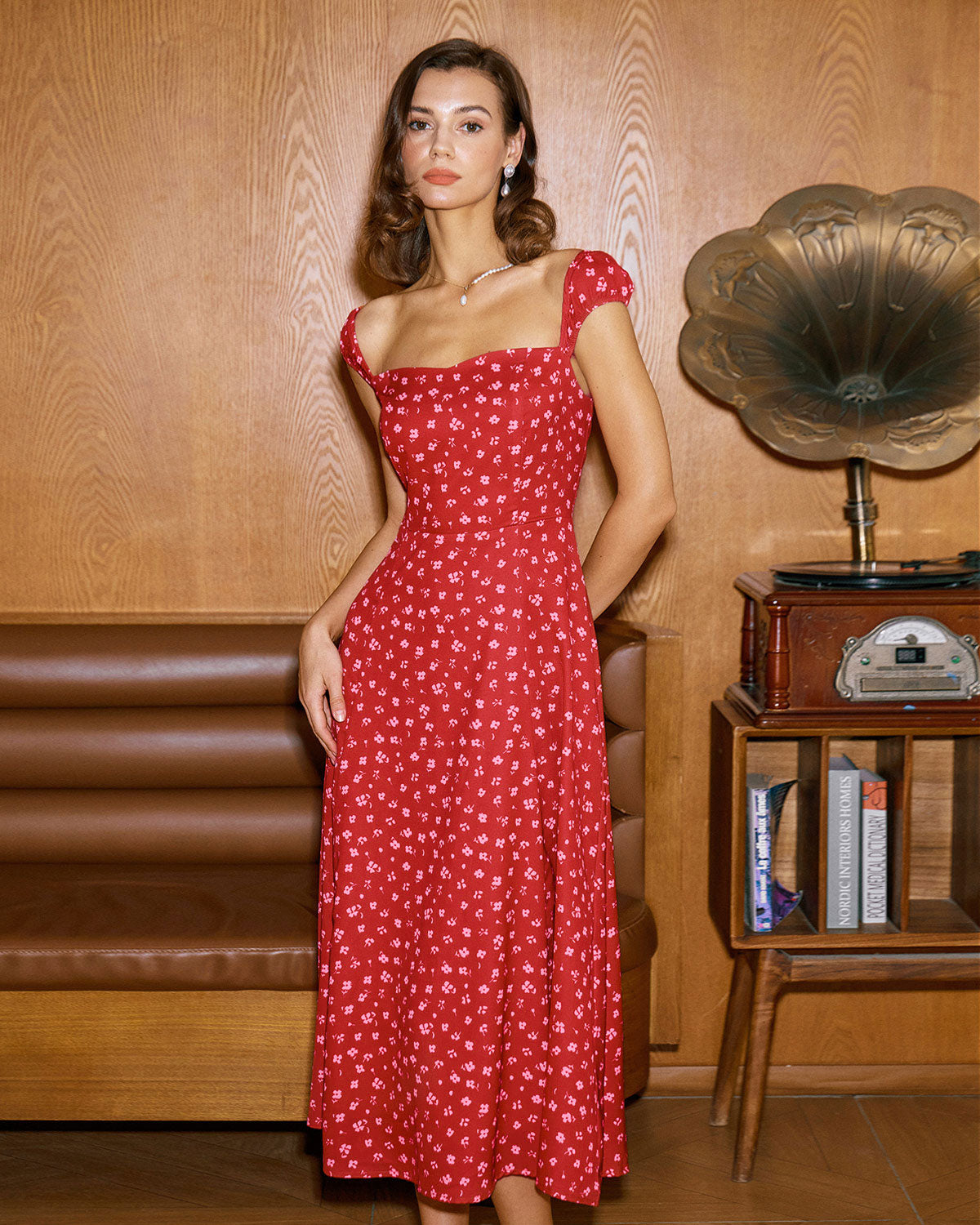 Red Floral Sweetheart Neck Cap Sleeve Midi Dress | Rihoas