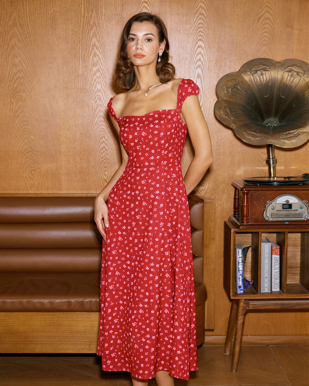 Red Floral Sweetheart Neck Cap Sleeve Midi Dress | Rihoas