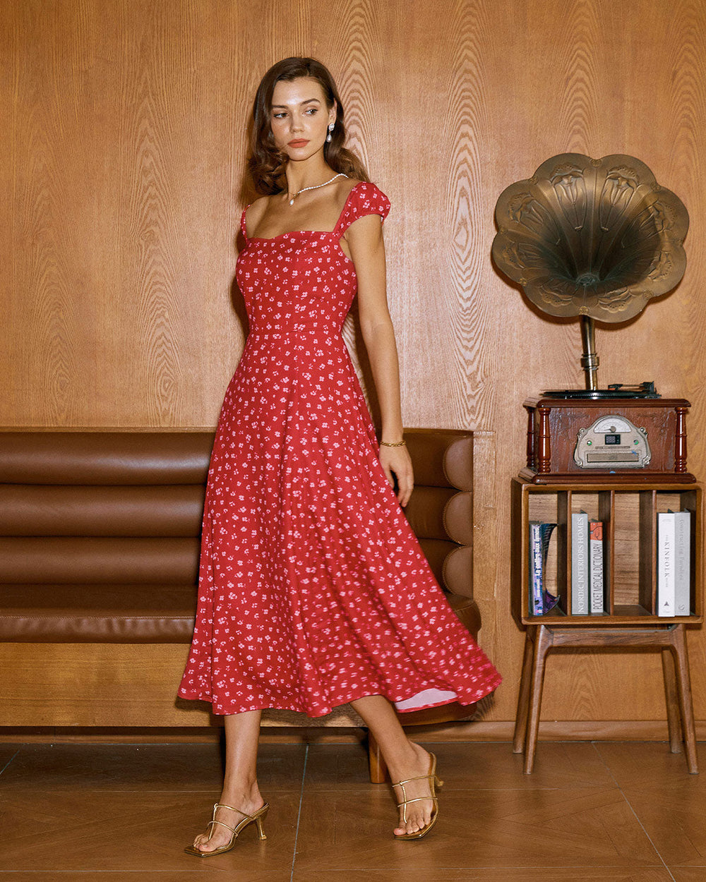 Red Floral Sweetheart Neck Cap Sleeve Midi Dress | Rihoas