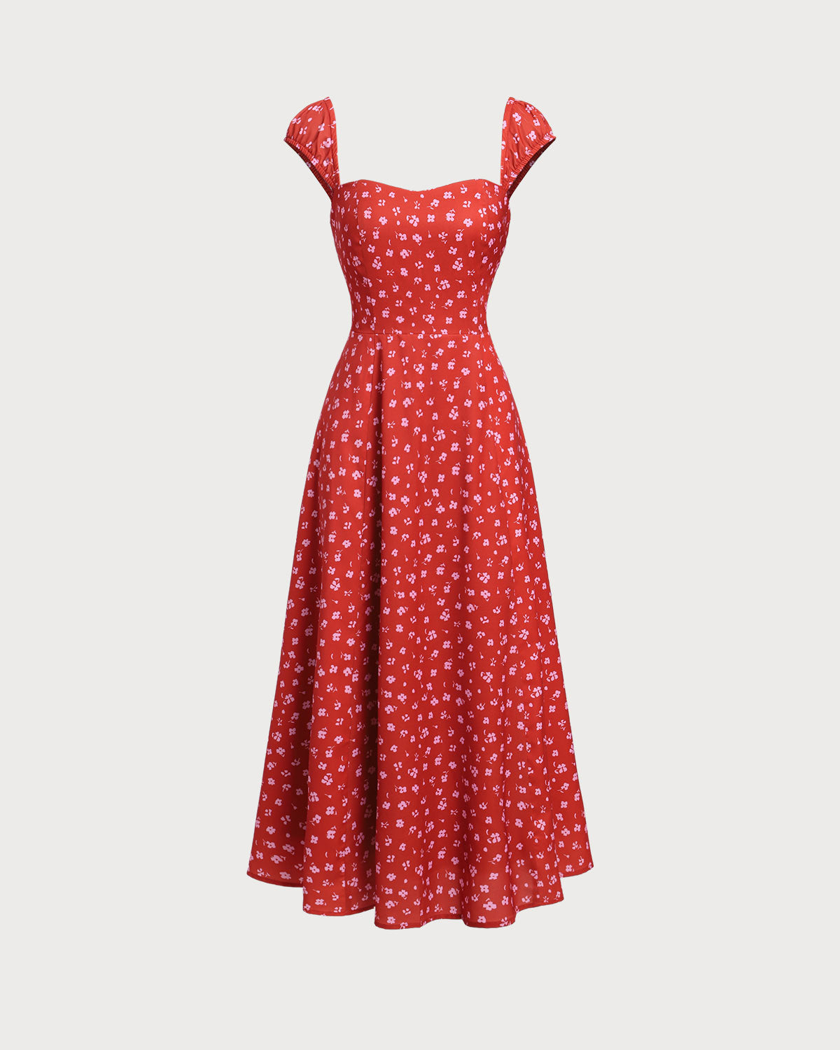 Red Floral Sweetheart Neck Cap Sleeve Midi Dress | Rihoas