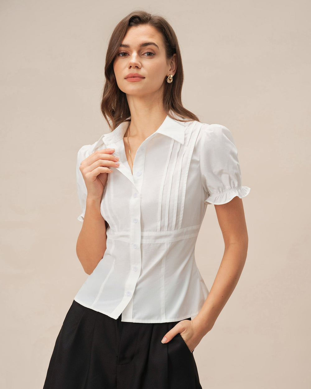 White Puffed Sleeve Collar Blouse | Rihoas