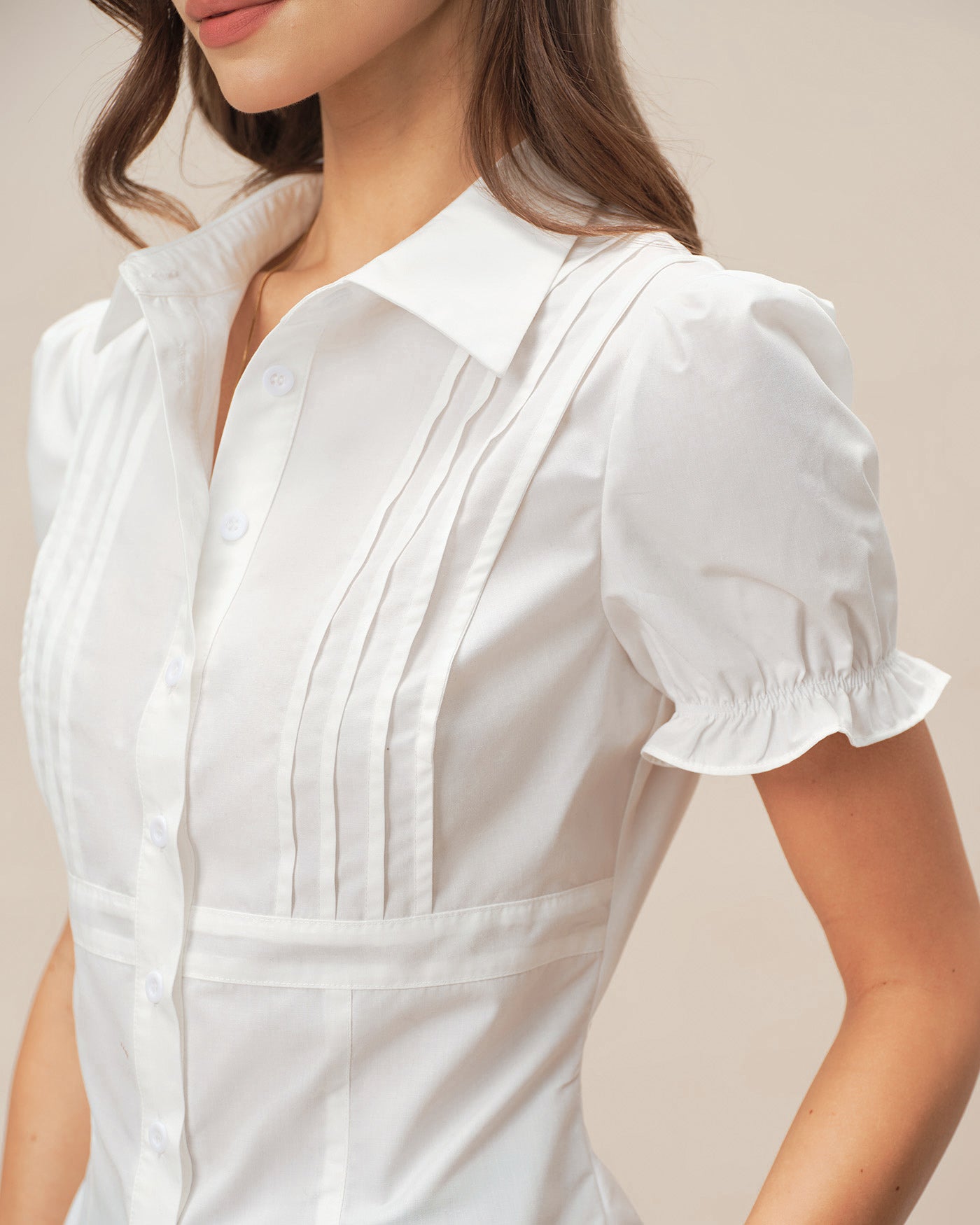 White Puffed Sleeve Collar Blouse | Rihoas