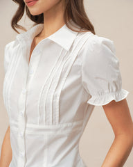 White Puffed Sleeve Collar Blouse | Rihoas