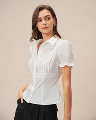 White Puffed Sleeve Collar Blouse | Rihoas