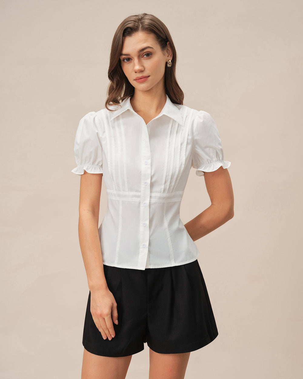 White Puffed Sleeve Collar Blouse | Rihoas
