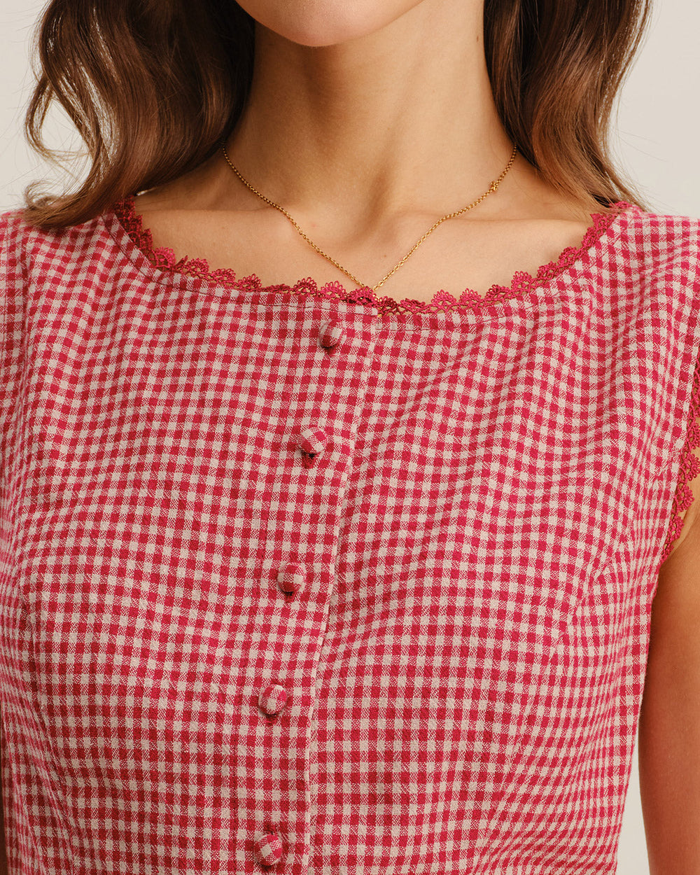 Red Gingham Boat Neck Sleeveless Tank Top | Rihoas
