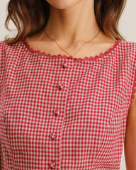 Red Gingham Boat Neck Sleeveless Tank Top | Rihoas