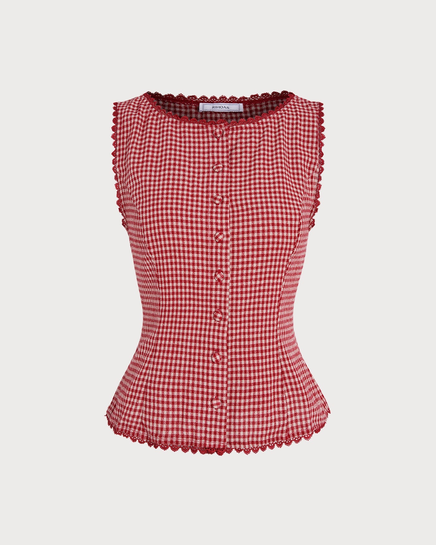 Red Gingham Boat Neck Sleeveless Tank Top | Rihoas