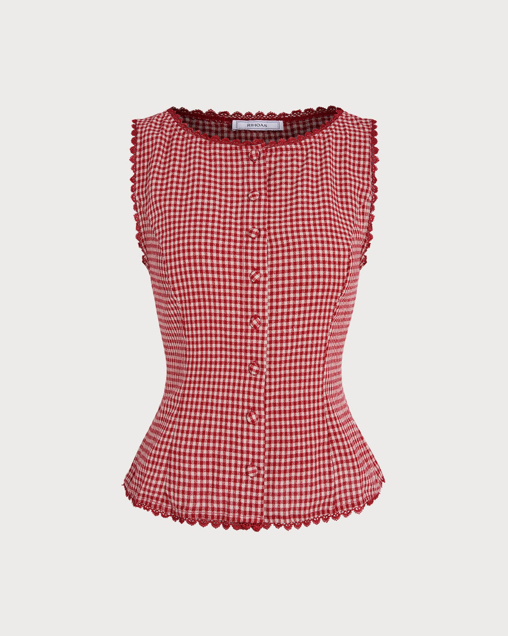 Red Gingham Boat Neck Sleeveless Tank Top | Rihoas