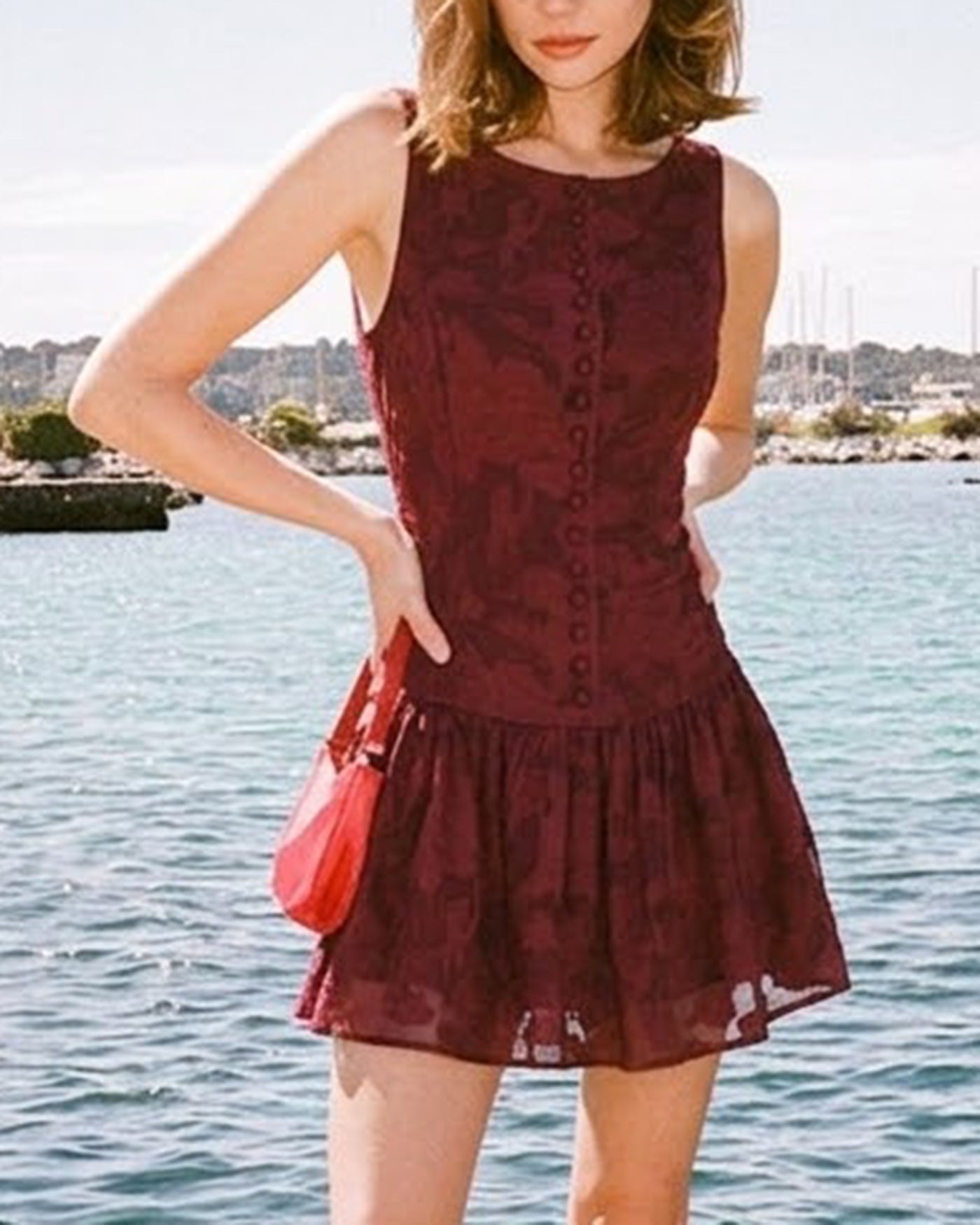 Red Jacquard Boat Neck A-Line Mini Dress | Rihoas
