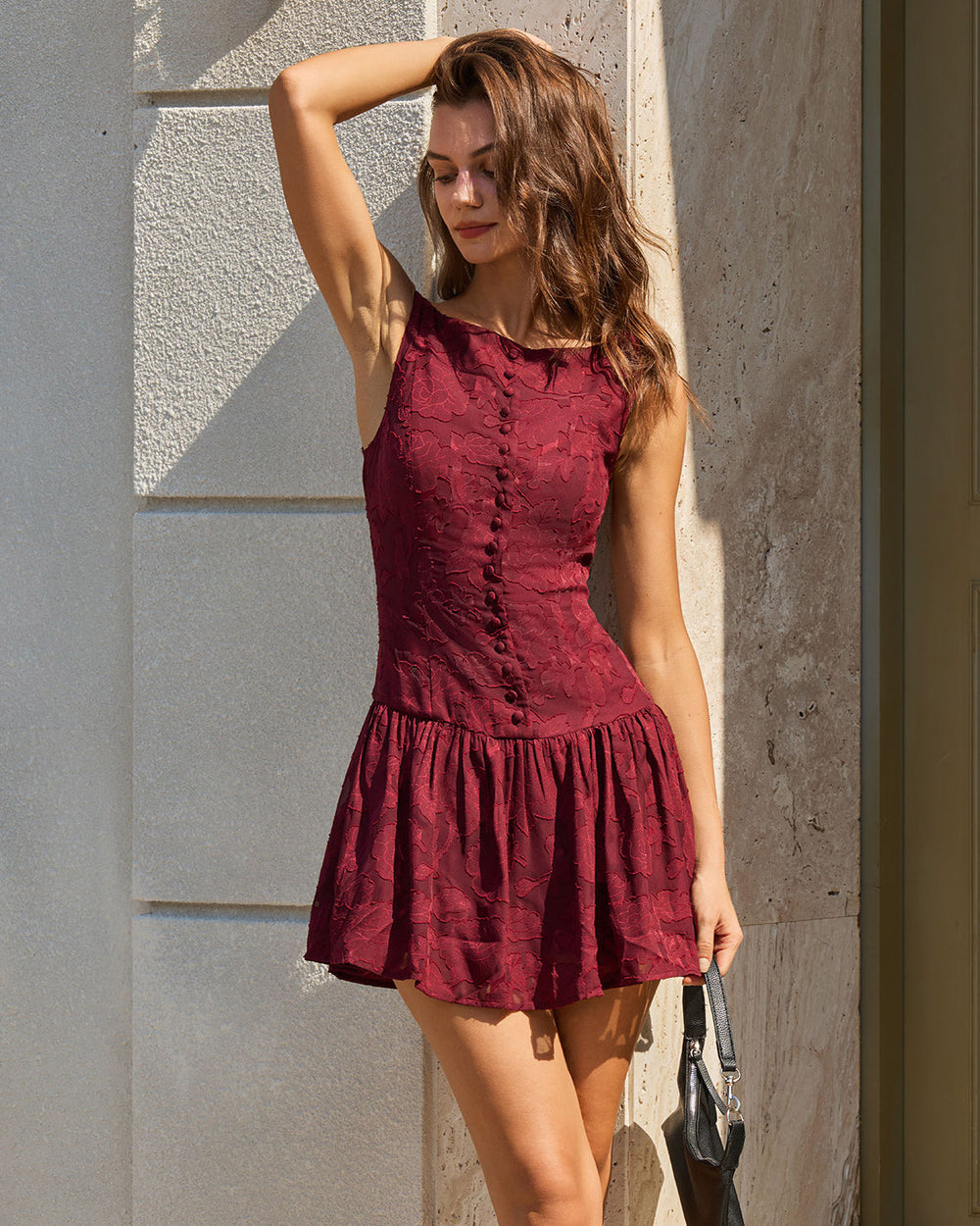 Red Jacquard Boat Neck A-Line Mini Dress | Rihoas