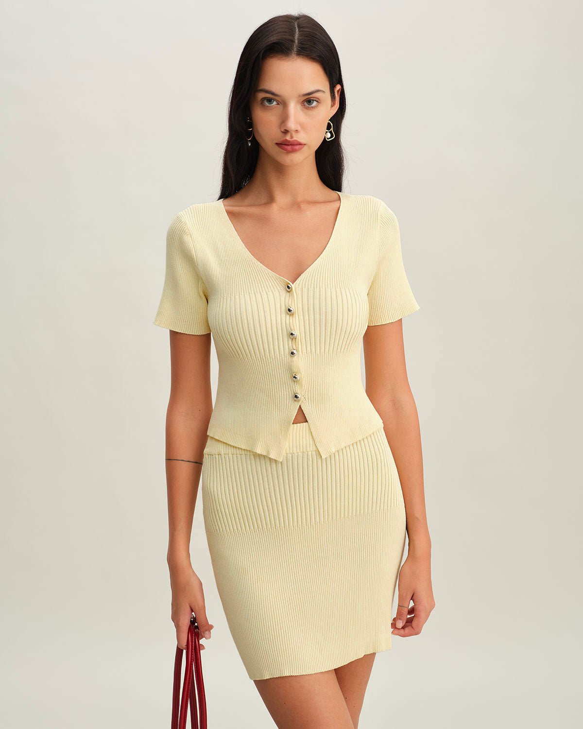 Beige Elastic Waist Knit Mini Skirt | Rihoas