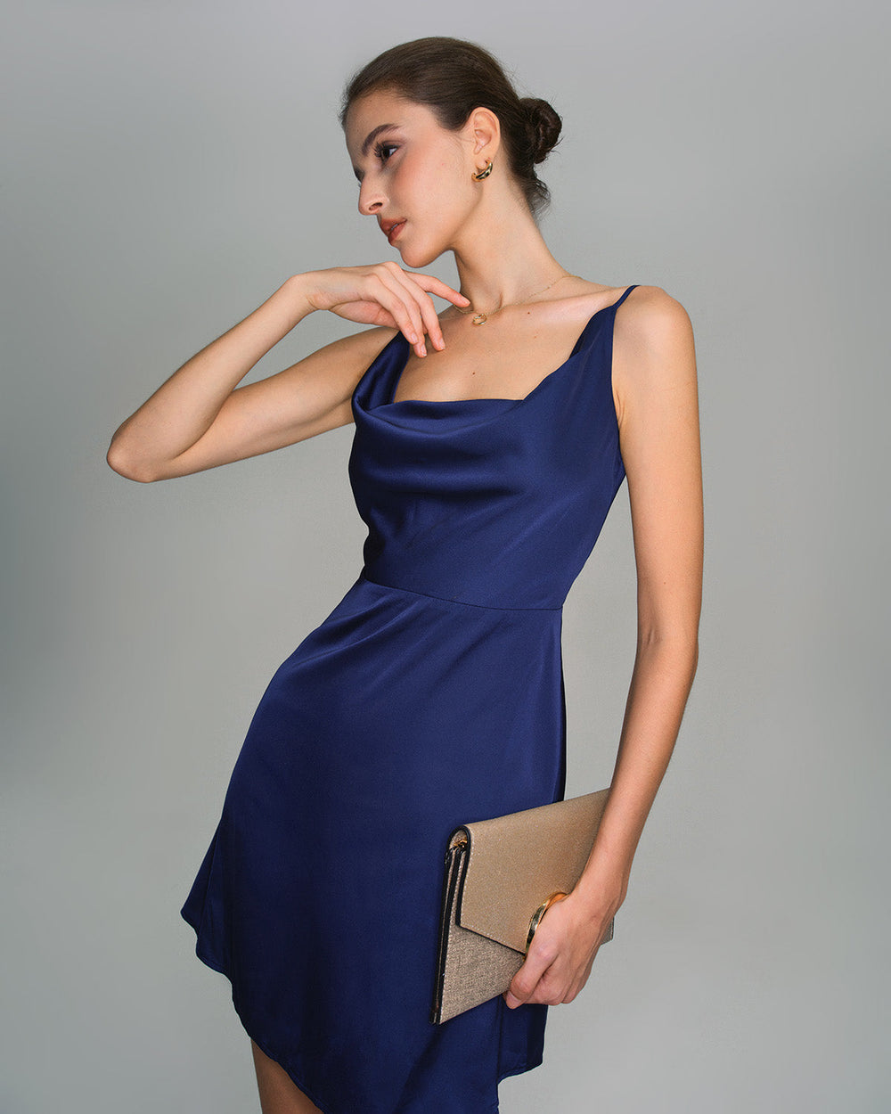 Navy Satin Cowl Neck Slip Mini Dress | Rihoas