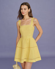 Yellow Square Neck Shirred Mini Dress | Rihoas