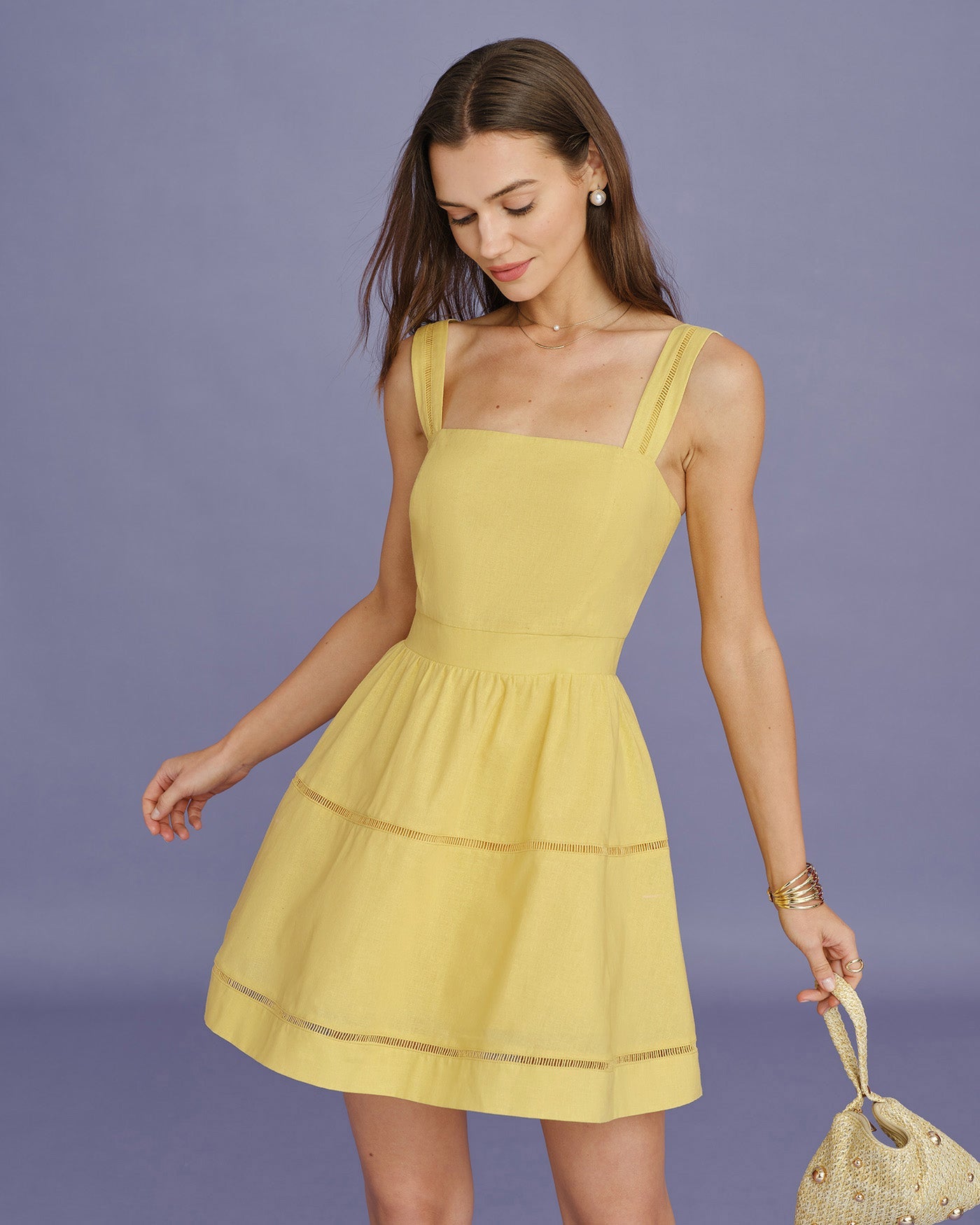 Yellow Square Neck Shirred Mini Dress | Rihoas