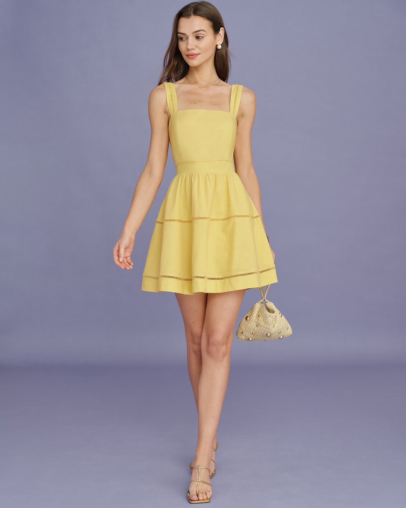 Yellow Square Neck Shirred Mini Dress | Rihoas