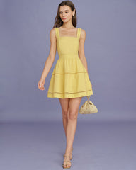 Yellow Square Neck Shirred Mini Dress | Rihoas