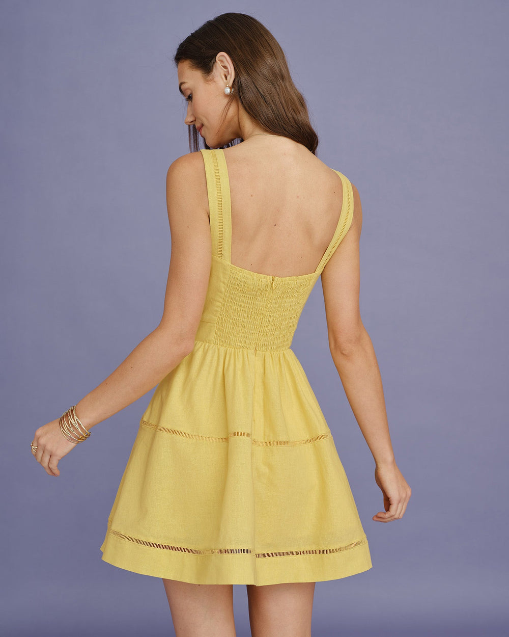 Yellow Square Neck Shirred Mini Dress | Rihoas