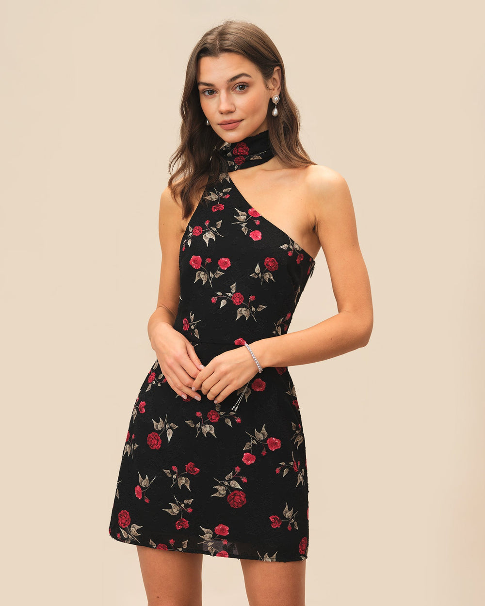Black Jacquard One Shoulder Mini Dress | Rihoas