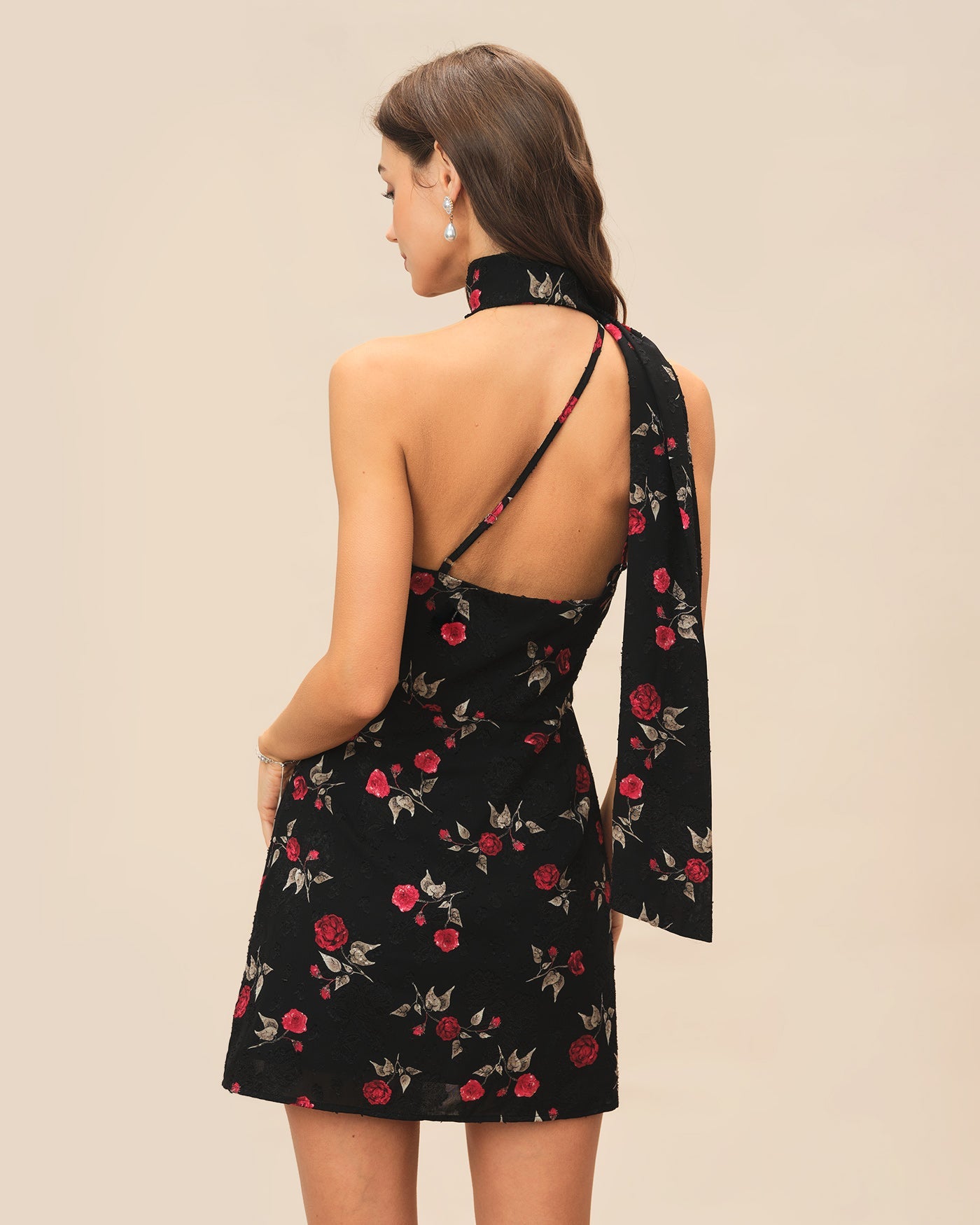 Black Jacquard One Shoulder Mini Dress | Rihoas