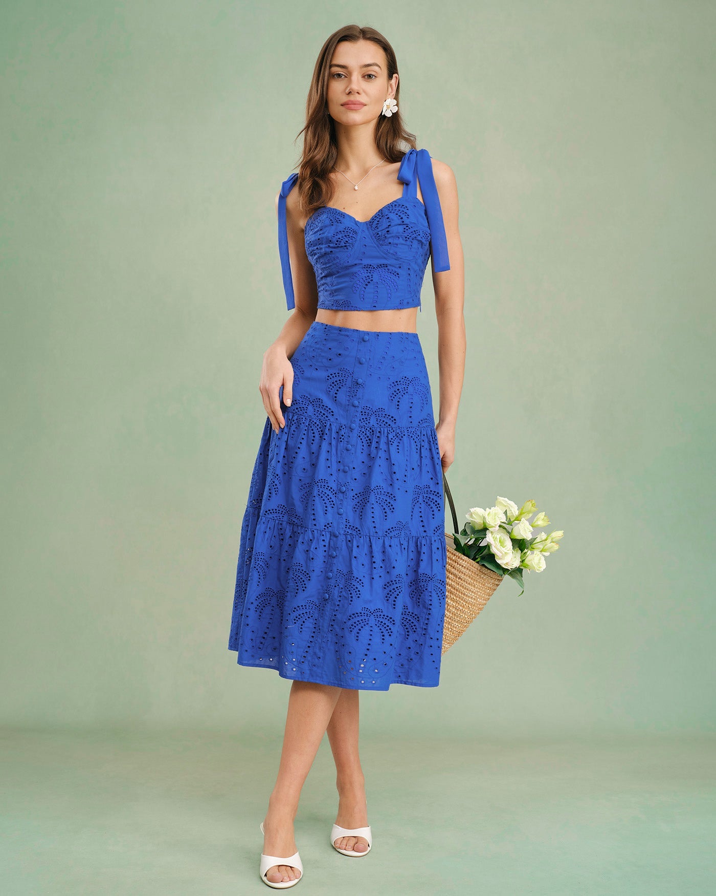 Blue Embroidery Midi Skirt | Rihoas
