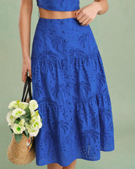 Blue Embroidery Midi Skirt | Rihoas