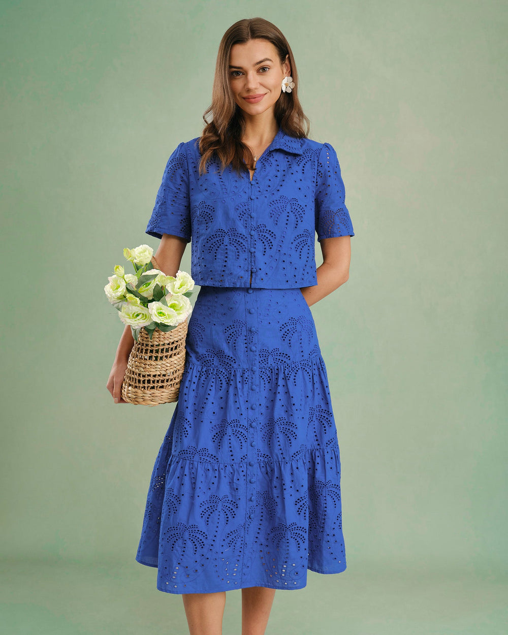 Blue Embroidery Midi Skirt | Rihoas