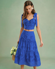 Blue Embroidery Midi Skirt | Rihoas