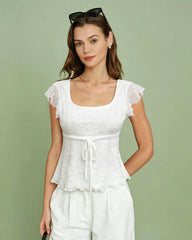 White Square Neck Textured Tee | Rihoas