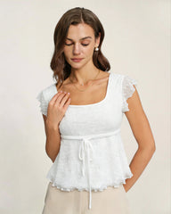 White Square Neck Textured Tee | Rihoas