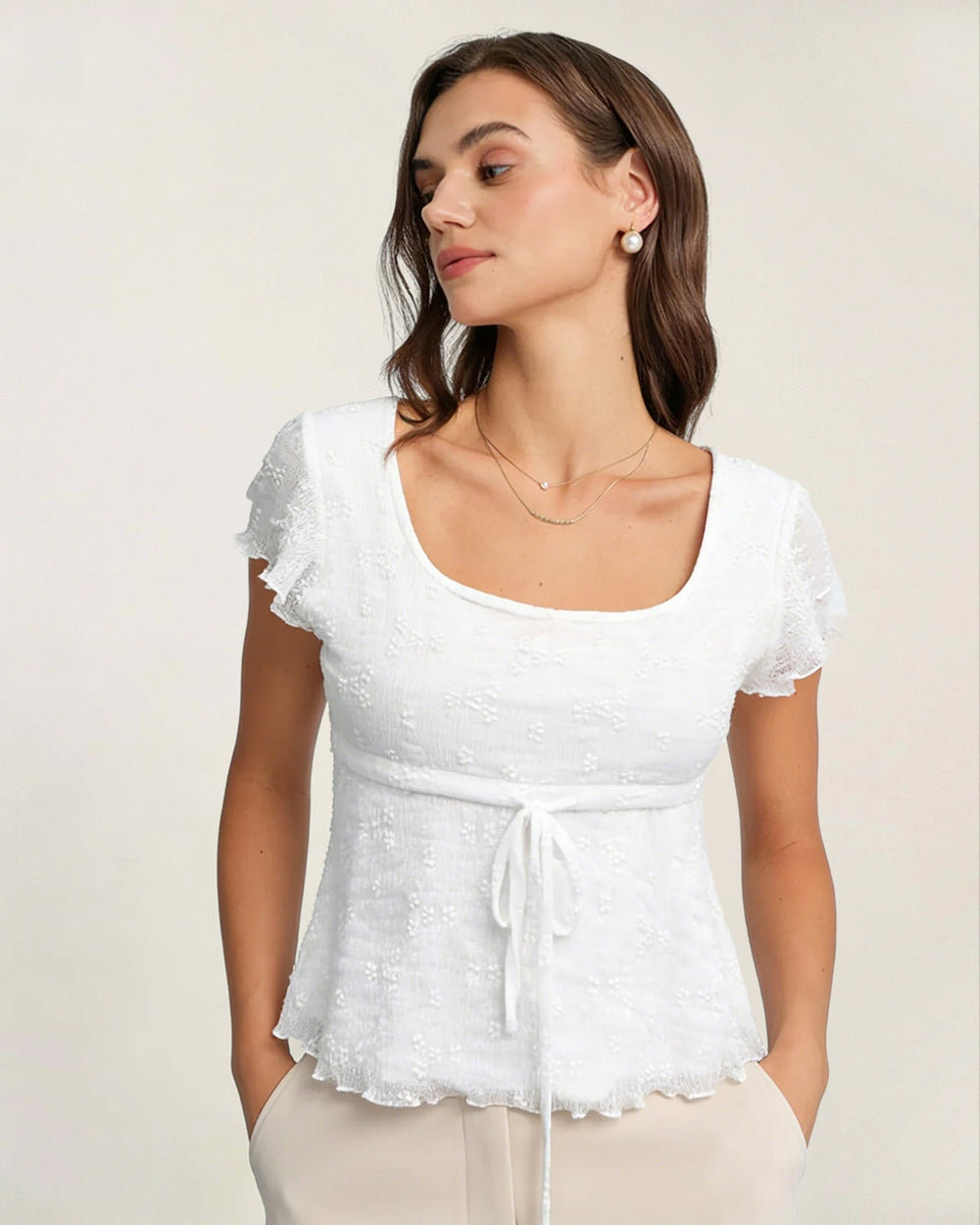 White Square Neck Textured Tee | Rihoas