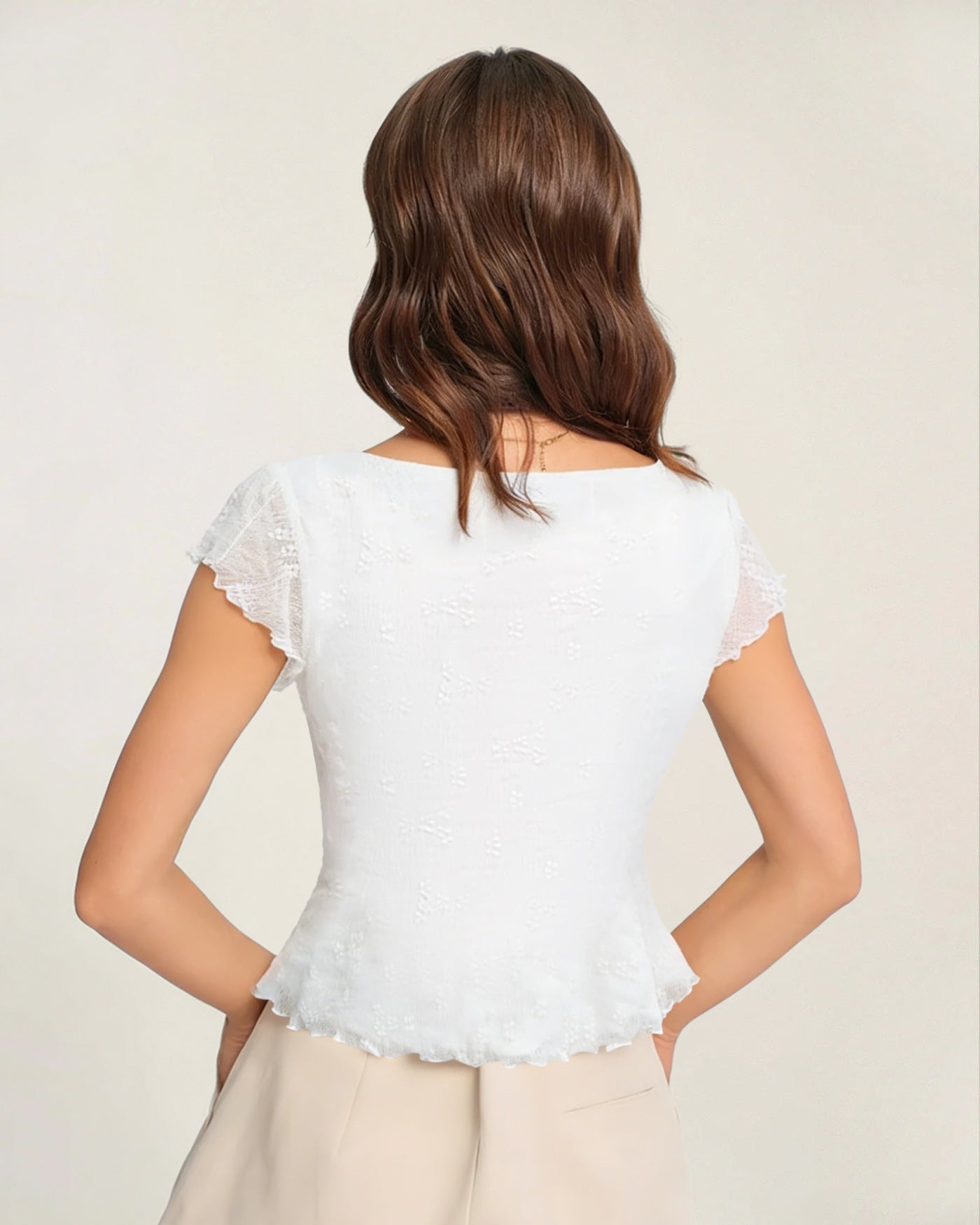 White Square Neck Textured Tee | Rihoas