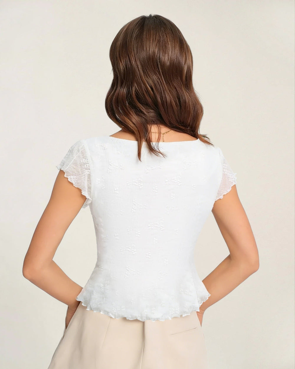 White Square Neck Textured Tee | Rihoas