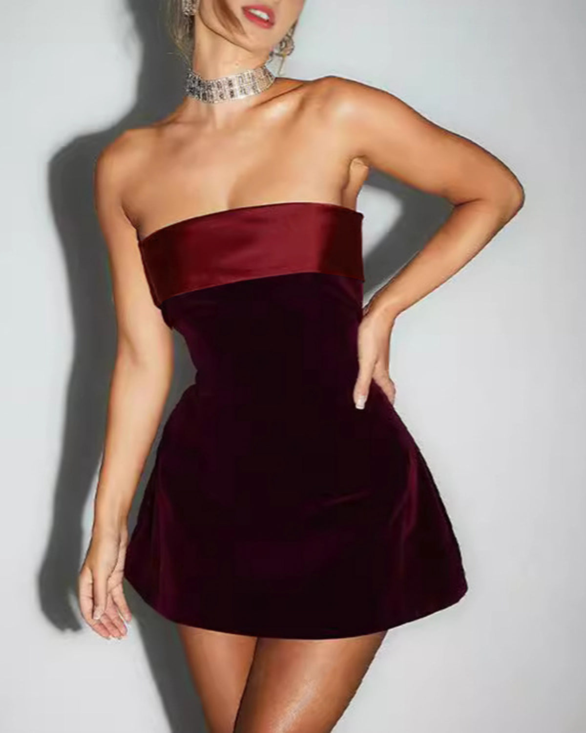 Wine Red Strapless A-Line Mini Dress | Rihoas
