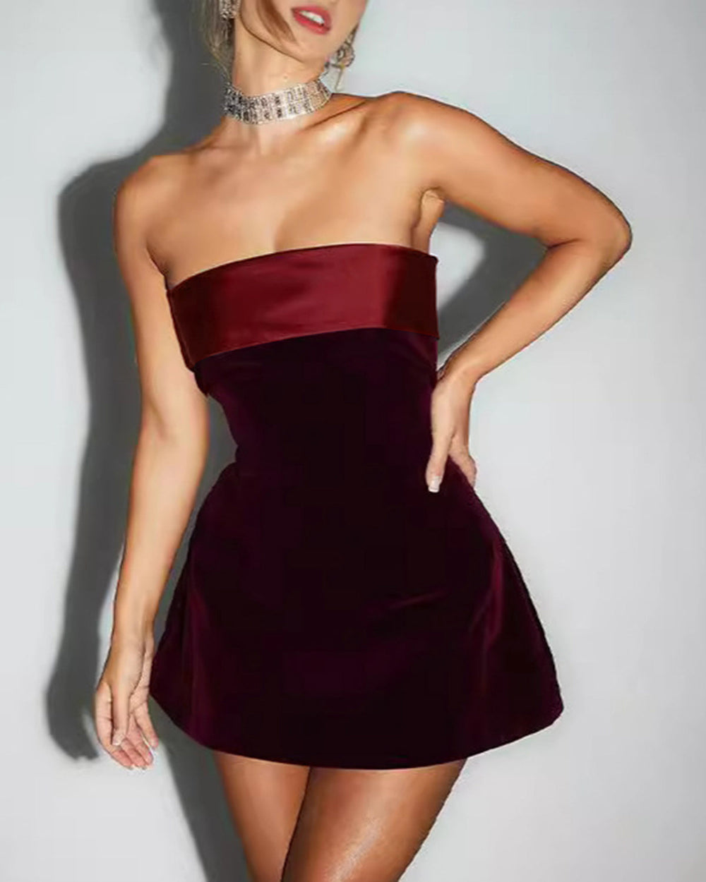 Wine Red Strapless A-Line Mini Dress | Rihoas