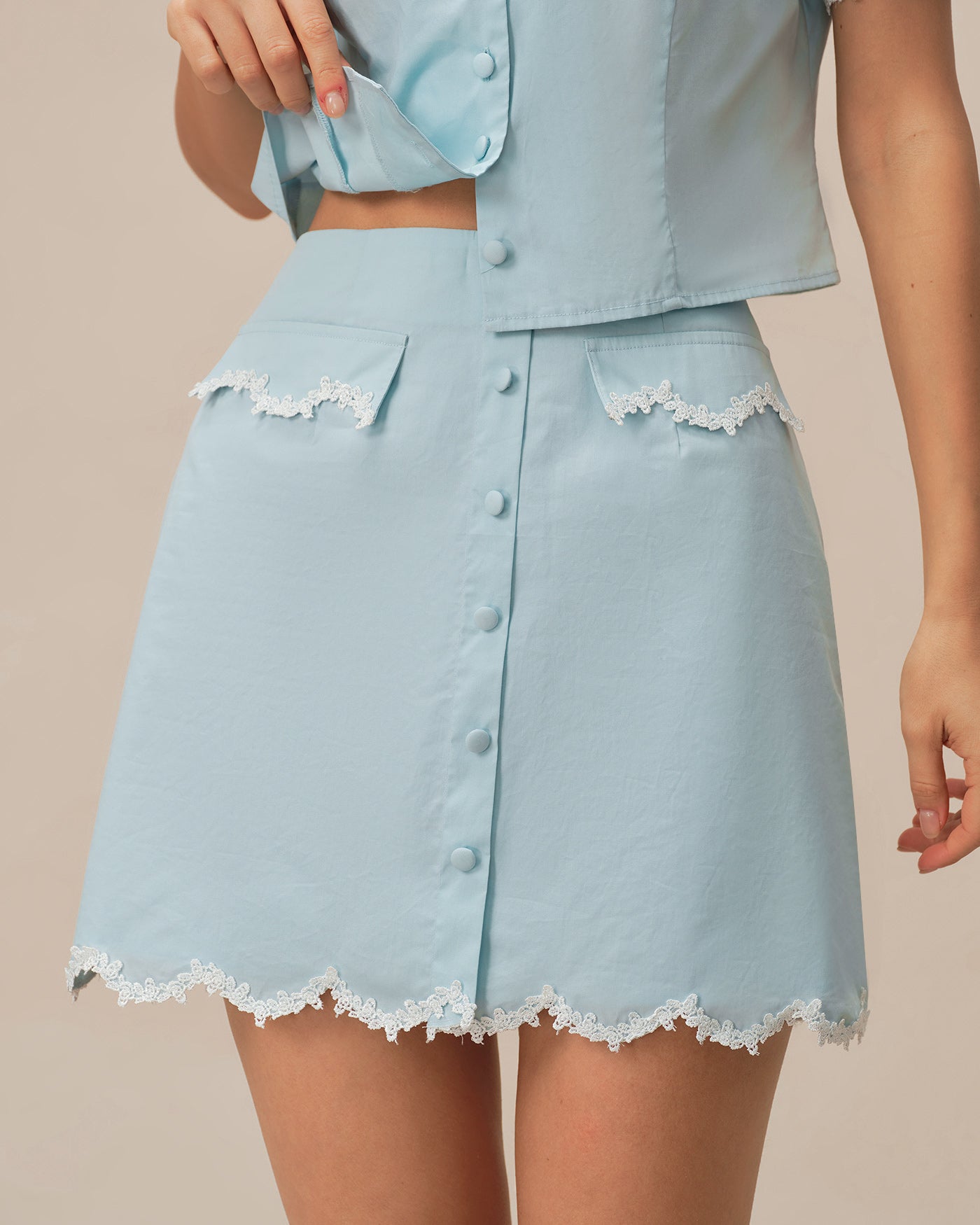 Blue Lace Pocket Button Mini Skirt | Rihoas