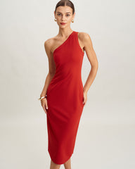 Red Knit One shoulder Midi Dress | Rihoas